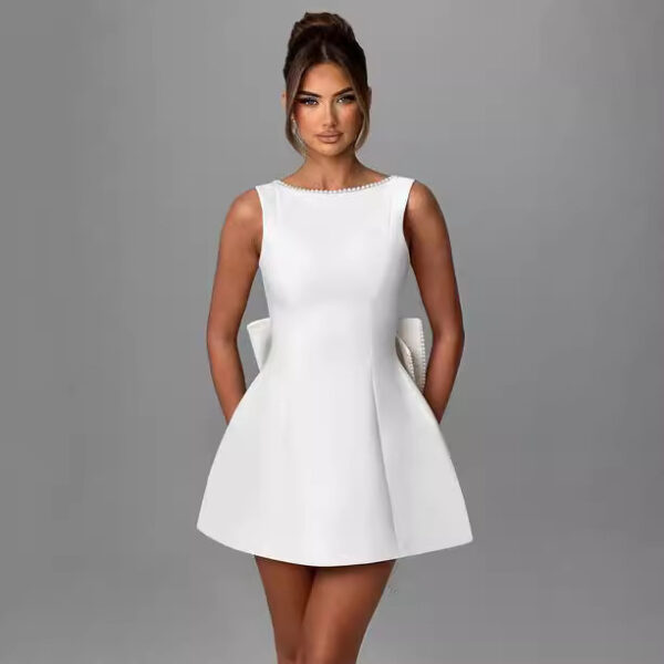 Fashion Big-Bowed Pearls Backless Dress Summer Slim Sleeveless A-line Dresses For Party Evening Women's Clothing - Image 3